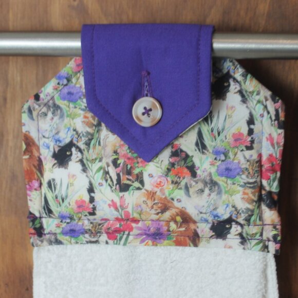 PURPLE CAT HAND TOWEL HANDMADE HANGING KITCHEN TERRYCLOTH  TOWEL WHITE COTTON - Picture 1 of 4